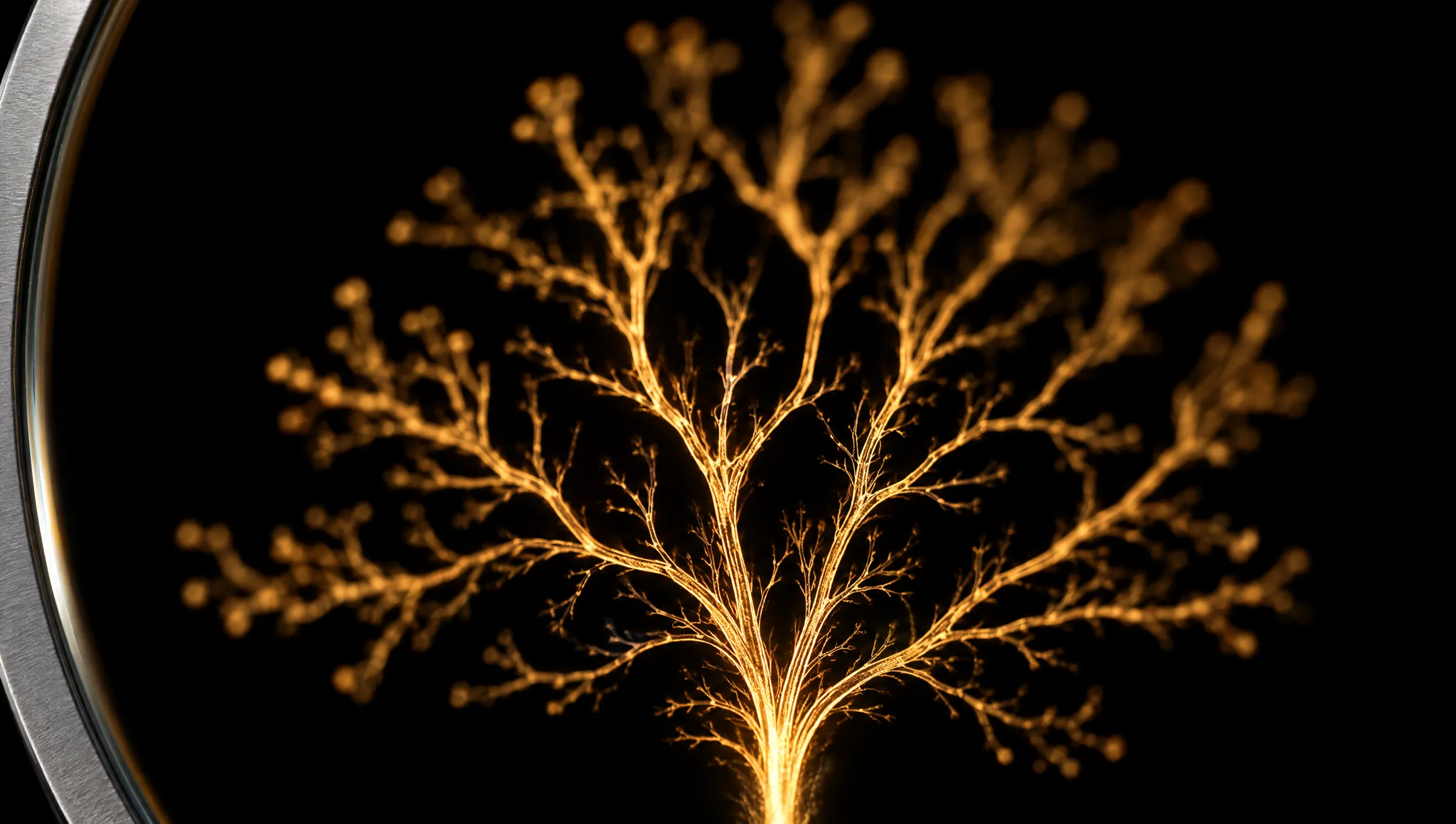 A branching amber filament inside a titanium ring, lit from its root outward