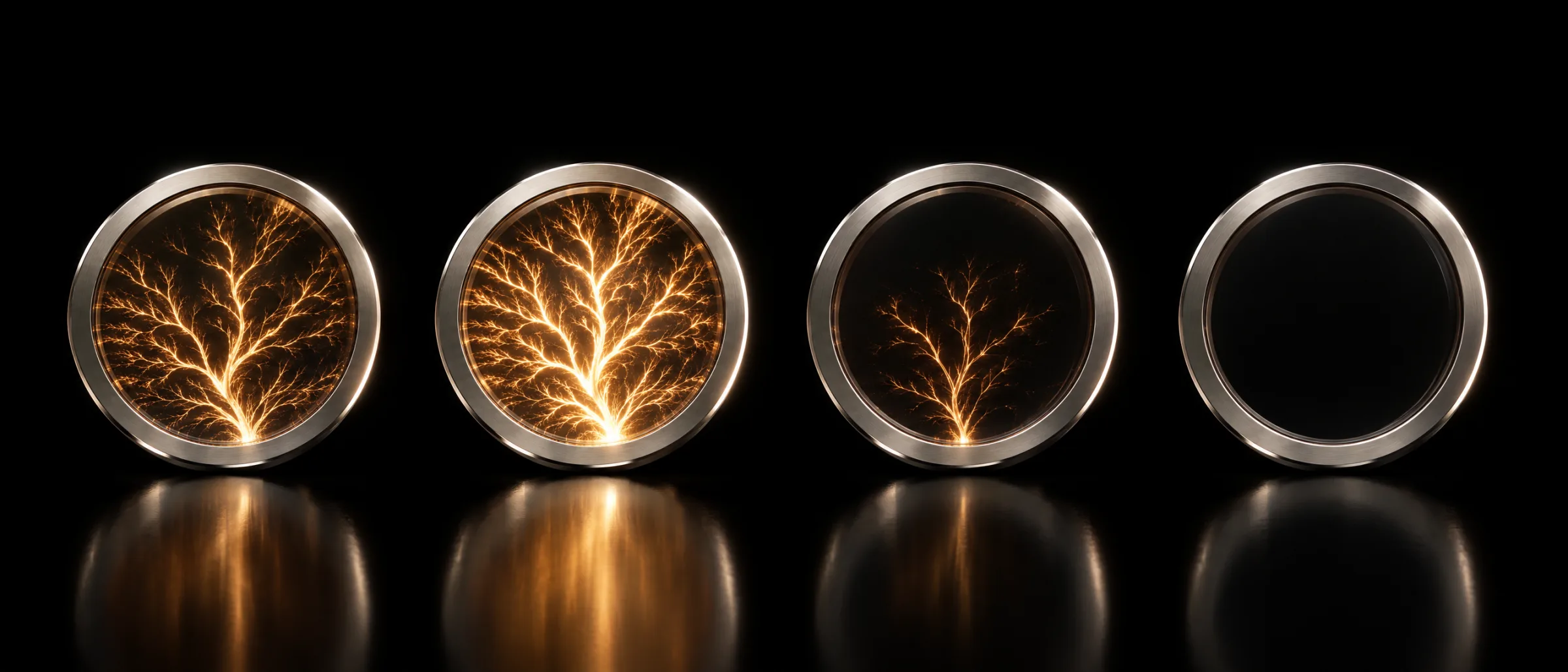 Four titanium rings in a row, their filaments lit to different degrees, left to right: moderate, brightest, faint, dark